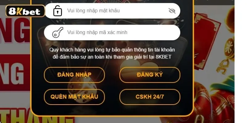 Sử dụng tính năng quên mật khẩu để lấy lại mật khẩu 8KBET